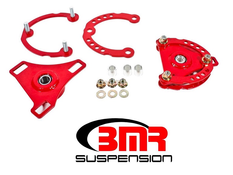 BMR Red Front Adjustable Camber Plate Kit 15-22 Ford Mustang